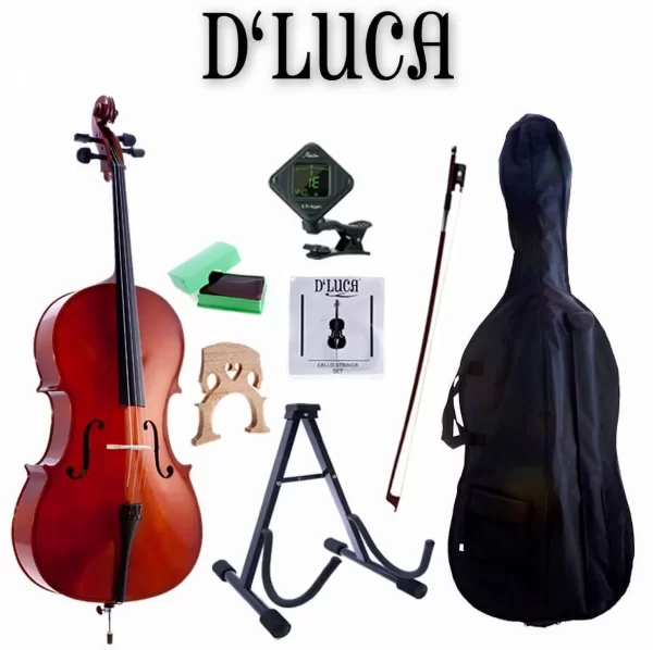 D’Luca MC100-1/4 Meister Student Cello 1/4 Package with Free Stand, Bag, Strings, Chromatic Tuner, Rosin and Bow