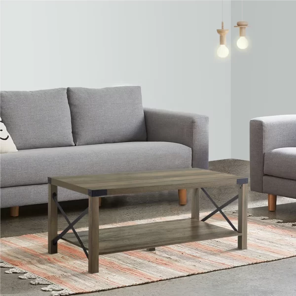 Eli 47 Inch Wood Coffee Table Metal Brackets Cross Bars Rustic Oak Brown – Saltoro Sherpi
