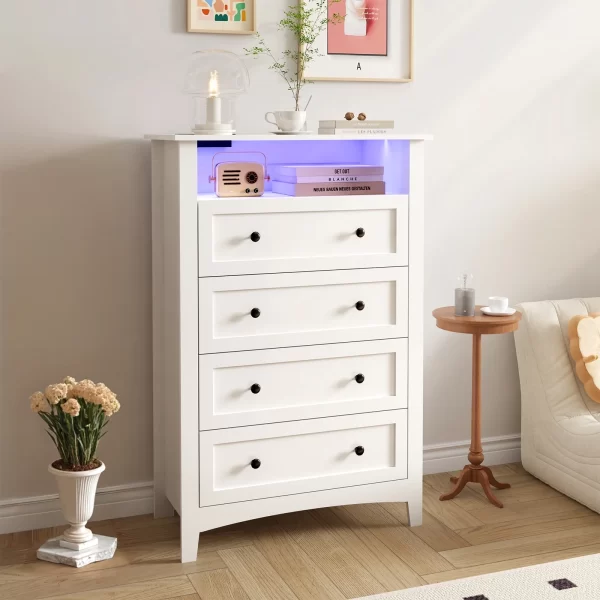 HAIOOU 5 Drawer White Dresser with Power Outlets, Wooden Vertical Dressers for Bedroom Large Storage Chests of Drawers with Hidden Drawer Compartment for Living Room, Closet, Entryway, Hallway