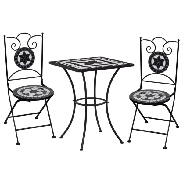 Dcenta 3 Piece Bistro Set, Ceramic Tile Tabletop Garden Table and Set of 2 Folding Chairs, Iron Frame  Dining Set for Terrace Yard Balcony Poolside Furniture
