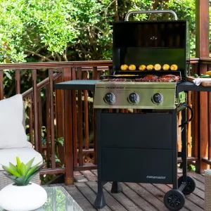 Megamaster 3-Burner Gas Grill with 2 Foldable Side Tables, 30000BTUs, Black/Silver, 720-0988EA