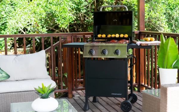 Megamaster 3-Burner Gas Grill with 2 Foldable Side Tables, 30000BTUs, Black/Silver, 720-0988EA