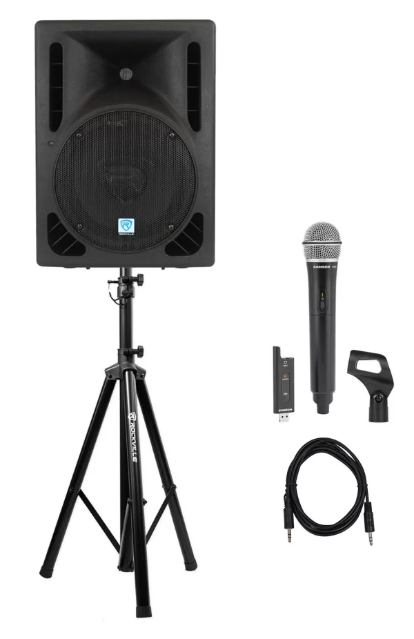 Rockville RPG10BT 10 Powered Active DJ PA Speaker w/ Samson Wireless Mic+Clip