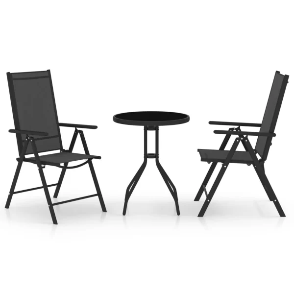 Dcenta 3 Piece Bistro Set, Glass Top Table and Backrest Adjustable 2 Folding Chairs, Outdoor Dining Set Aluminum and Textilene Black for Patio, Balcony, Garden, Yard, Lawn, Terrace